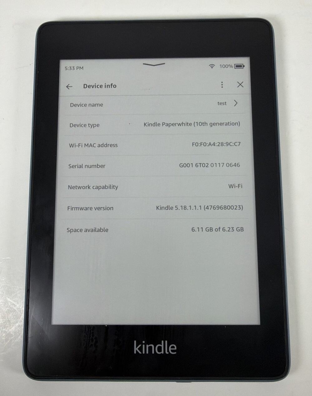 Amazon Kindle PaperWhite 10th gen WiFi/8GB (PQ94WIF) Tested & Reset Works